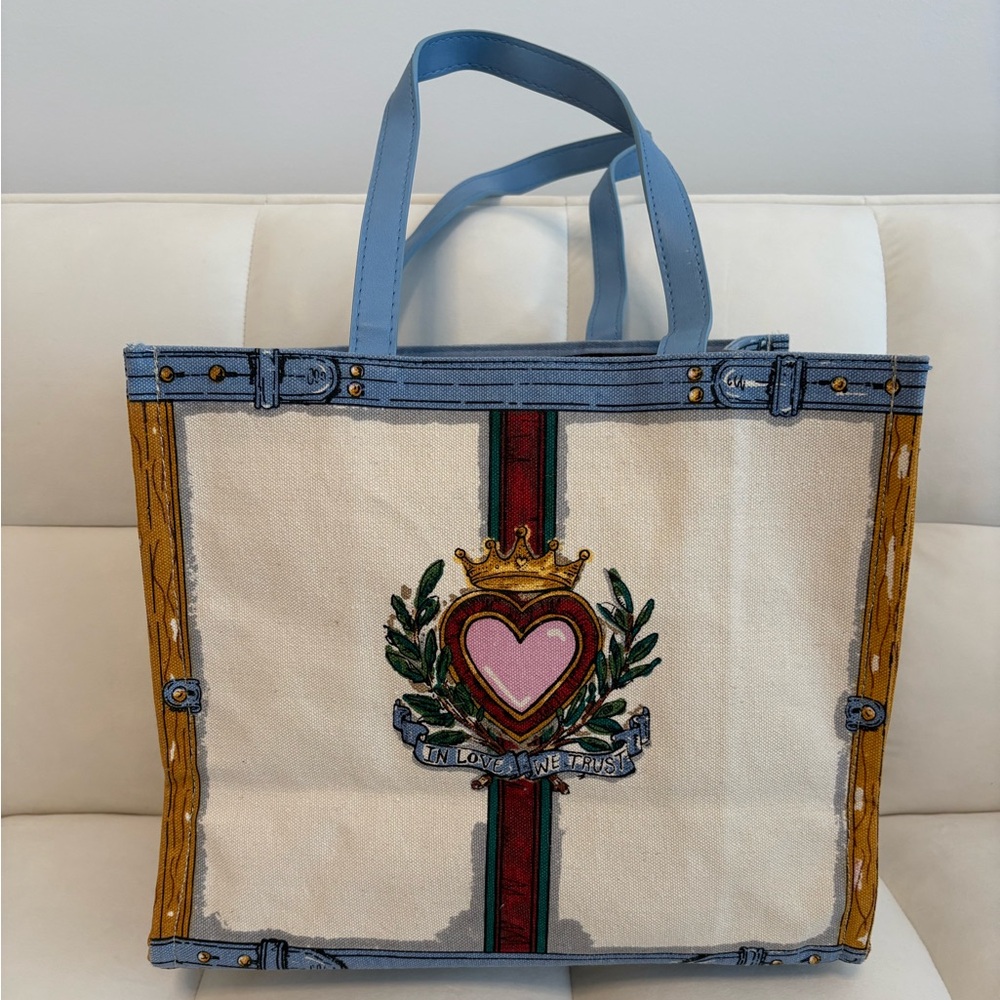 Lulu Guinness Canvas Tote Bag with Heart and Crown Design NWOT